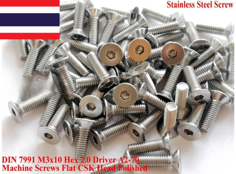 DIN 7991สแตนเลส M3สกรู M3x4 M3x5 M3x6 M3x8 M3x10 M3x12แบน Head Hex 2.0 Driver A2-70ขัด50 pcs QCTI สกรู